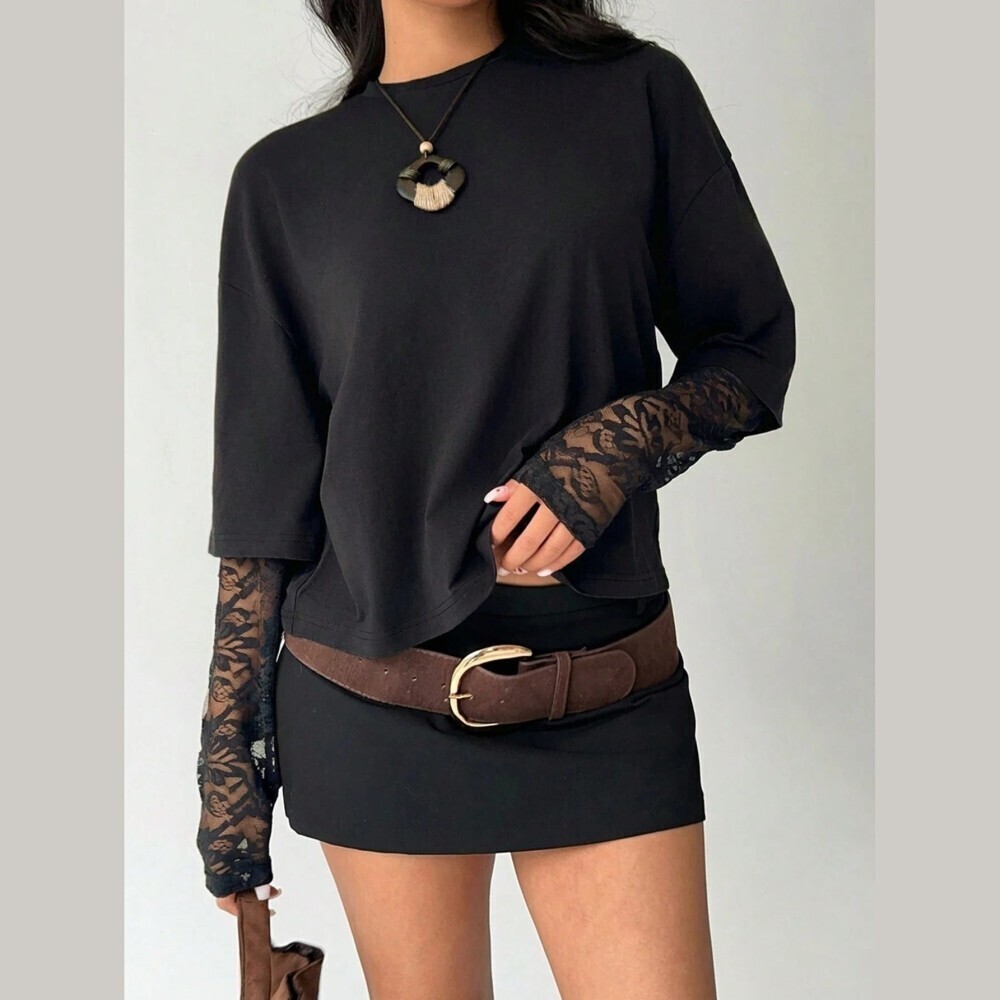 Black Relaxed Tee With Sheer Floral Lace Sleeves